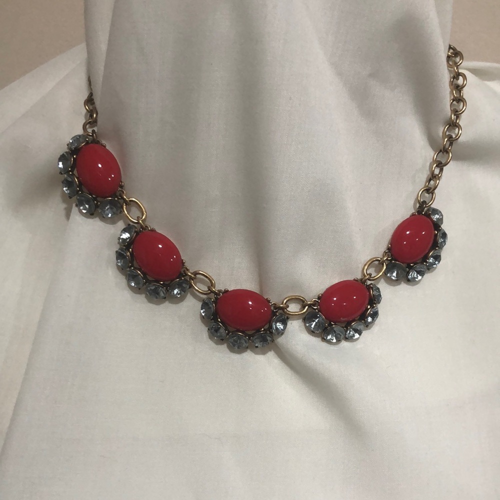 Stella & Dot Mae Red with Rhinestones Statement Necklace with Intricate Design
